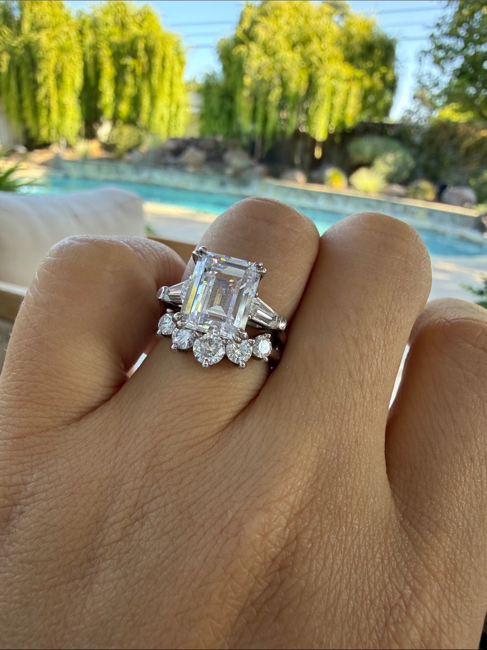 Elegant White Gold Emerald-Cut Cubic Zirconia Engagement Ring Set